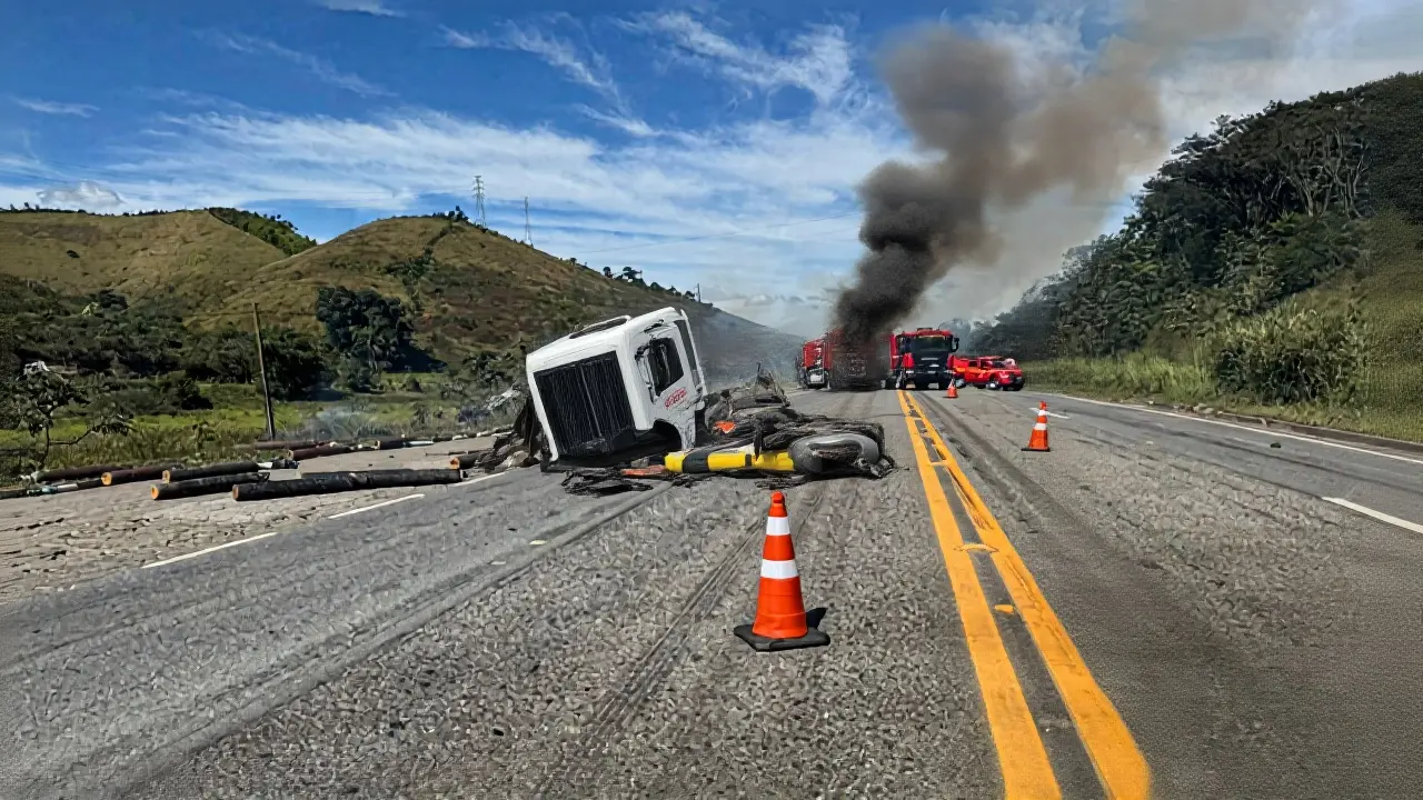 BR-040 é liberada após carreta com gás pegar fogo em Juiz de Fora